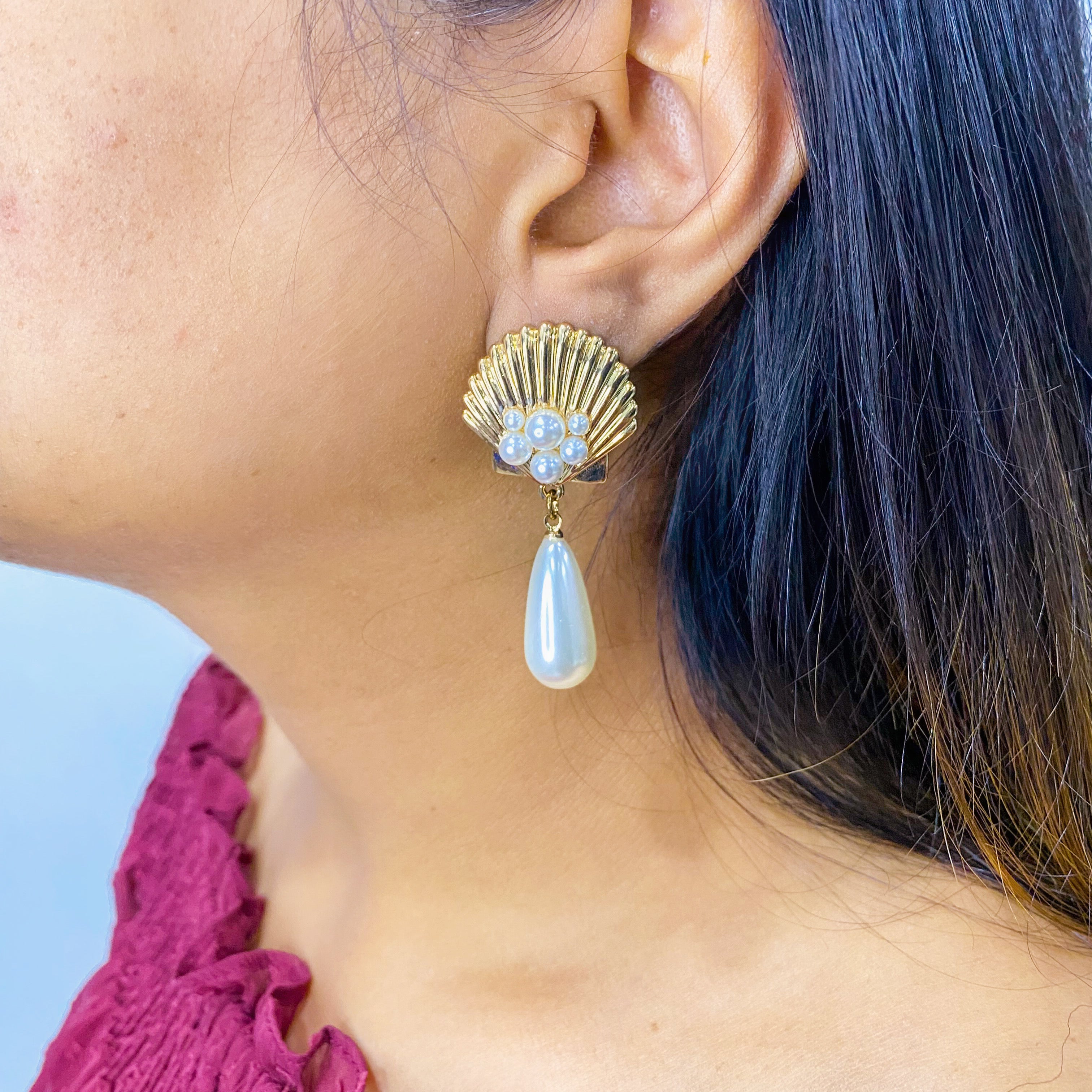 Golden Shell Earrings with Pearl Drops